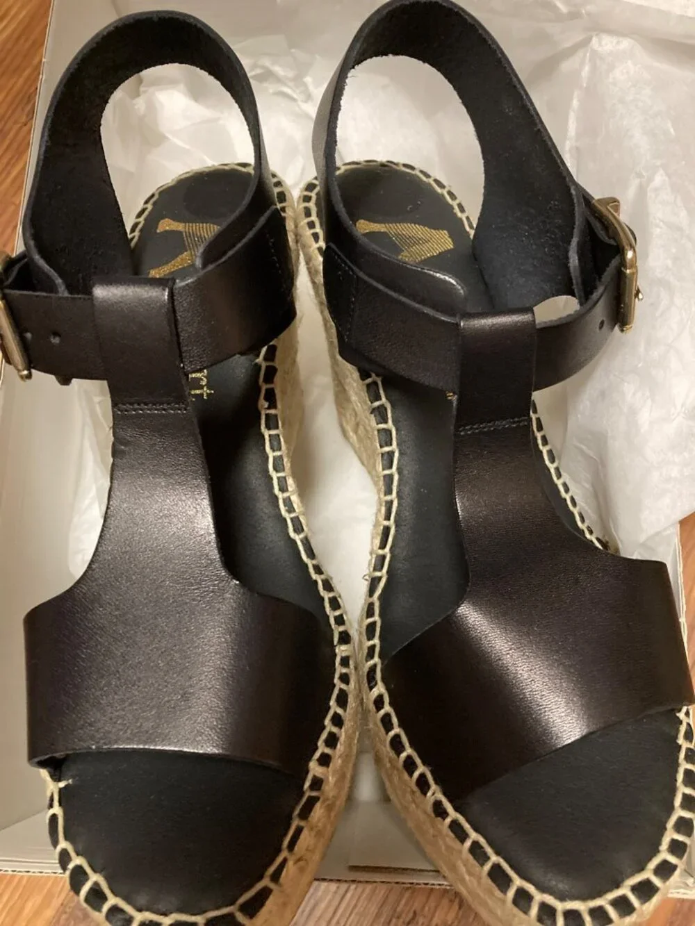 Paseart Espadrille Wedge Sandals Black Leather  Women's Size 6.5 US 37 EUR New